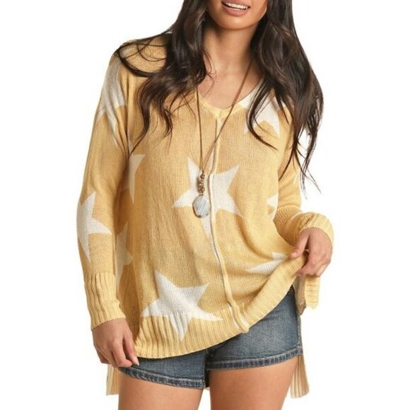 Rock & Roll Cowgirl Sweaters - Rock & Roll Women's Long Sleeve Lightweight Knit Sweater with Stars Yellow